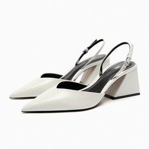 Zara White Block Heel Slingback Shoes, Size 39